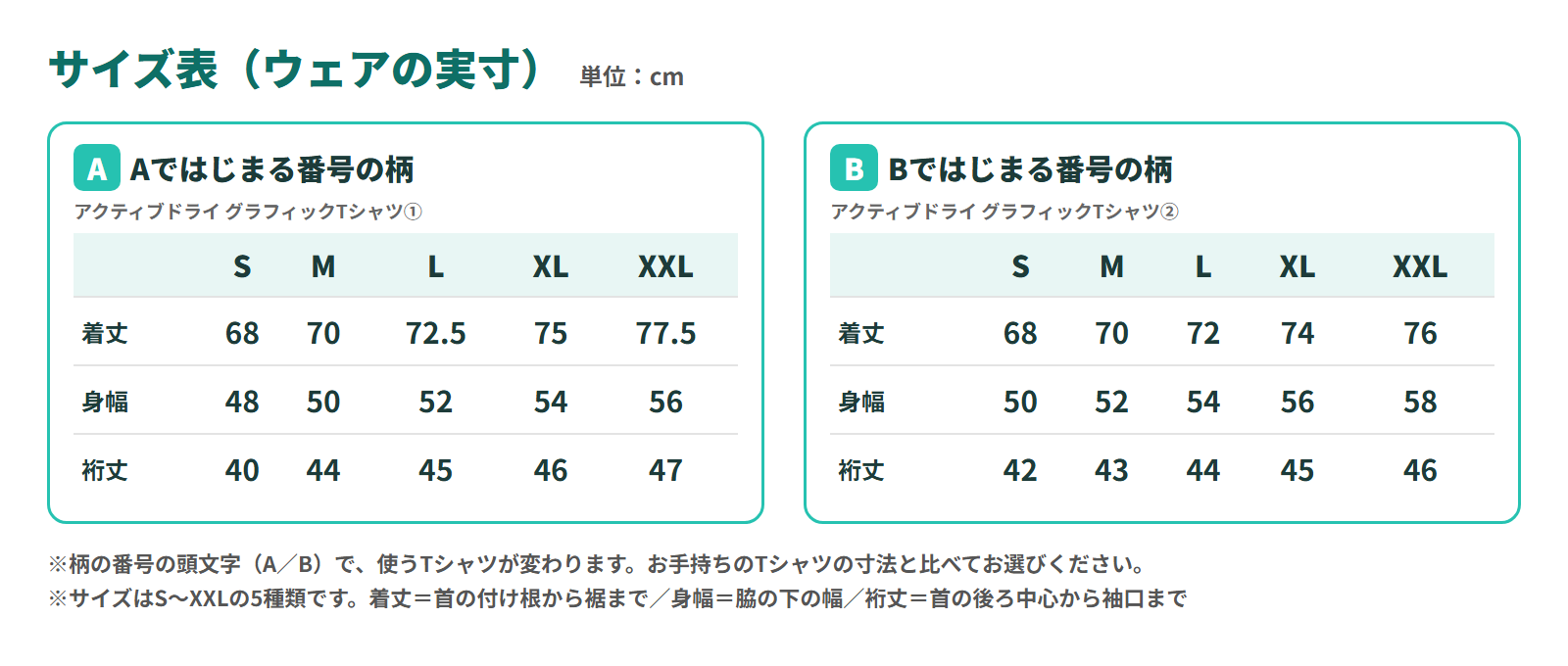 サイズ表（ウェアの実寸）